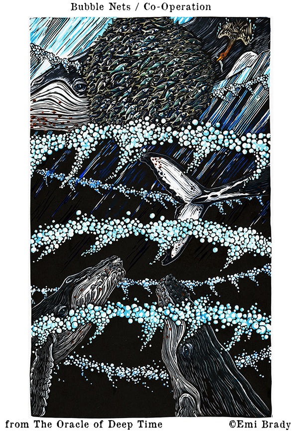 humpack whales, bubble net, bubblenet, whale, oracle, tarot, oracle cards, tarot cards, animal oracle, animal tarot, printmaking, relief printing, linocut