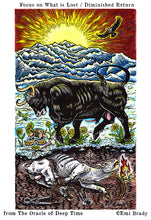 aurock, bull, french alps, glacier, climate change, cows, cow, oracle, tarot, oracle cards, tarot cards, animal oracle, animal tarot, printmkaing, relief printing, linocut